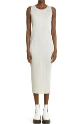 Vestido midi plisado sin mangas, elegante, de verano, con cuello redondo - Blanco